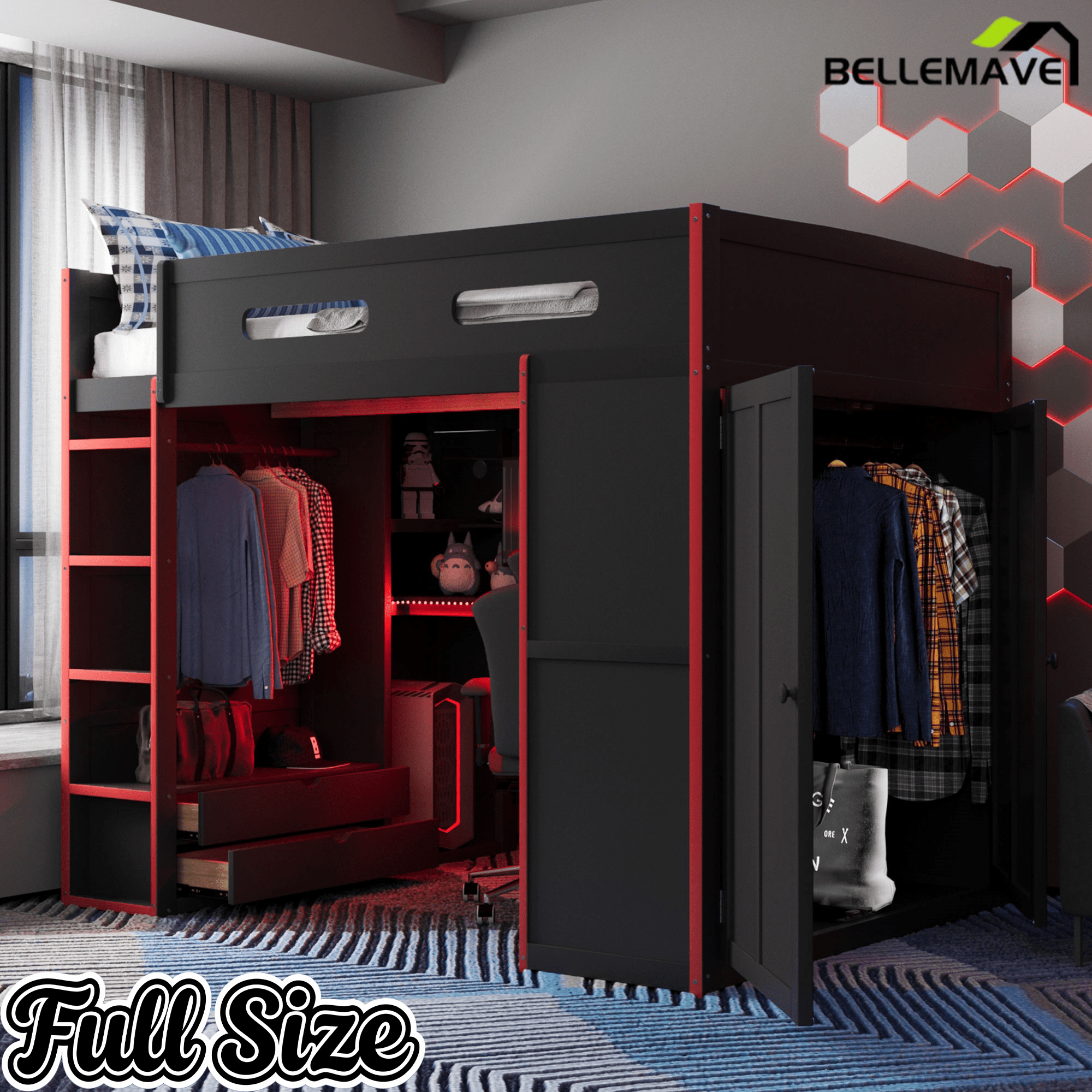 Bellemave® Full Size Gamer Loft Bed with Built - in Desk, RGB Lighting, USB Port & Storage, Gaming Bed with Wardrobe, Drawers - Bellemave