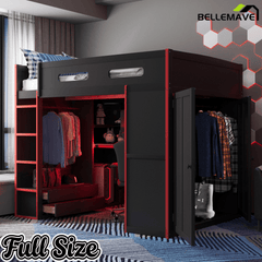 Bellemave® Full Size Gamer Loft Bed with Built - in Desk, RGB Lighting, USB Port & Storage, Gaming Bed with Wardrobe, Drawers - Bellemave