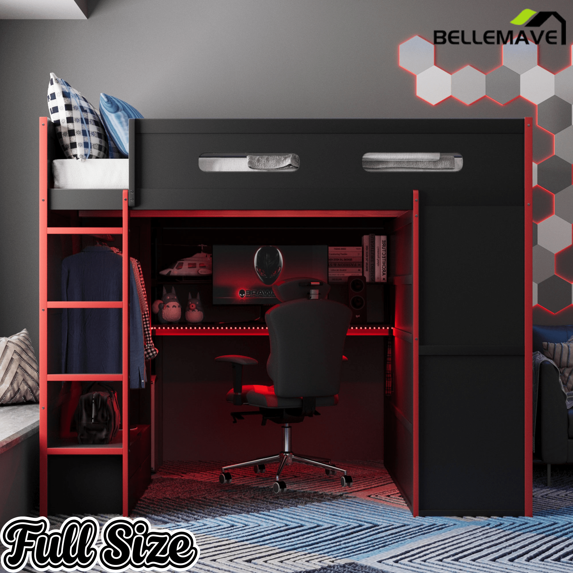 Bellemave® Full Size Gamer Loft Bed with Built - in Desk, RGB Lighting, USB Port & Storage, Gaming Bed with Wardrobe, Drawers - Bellemave