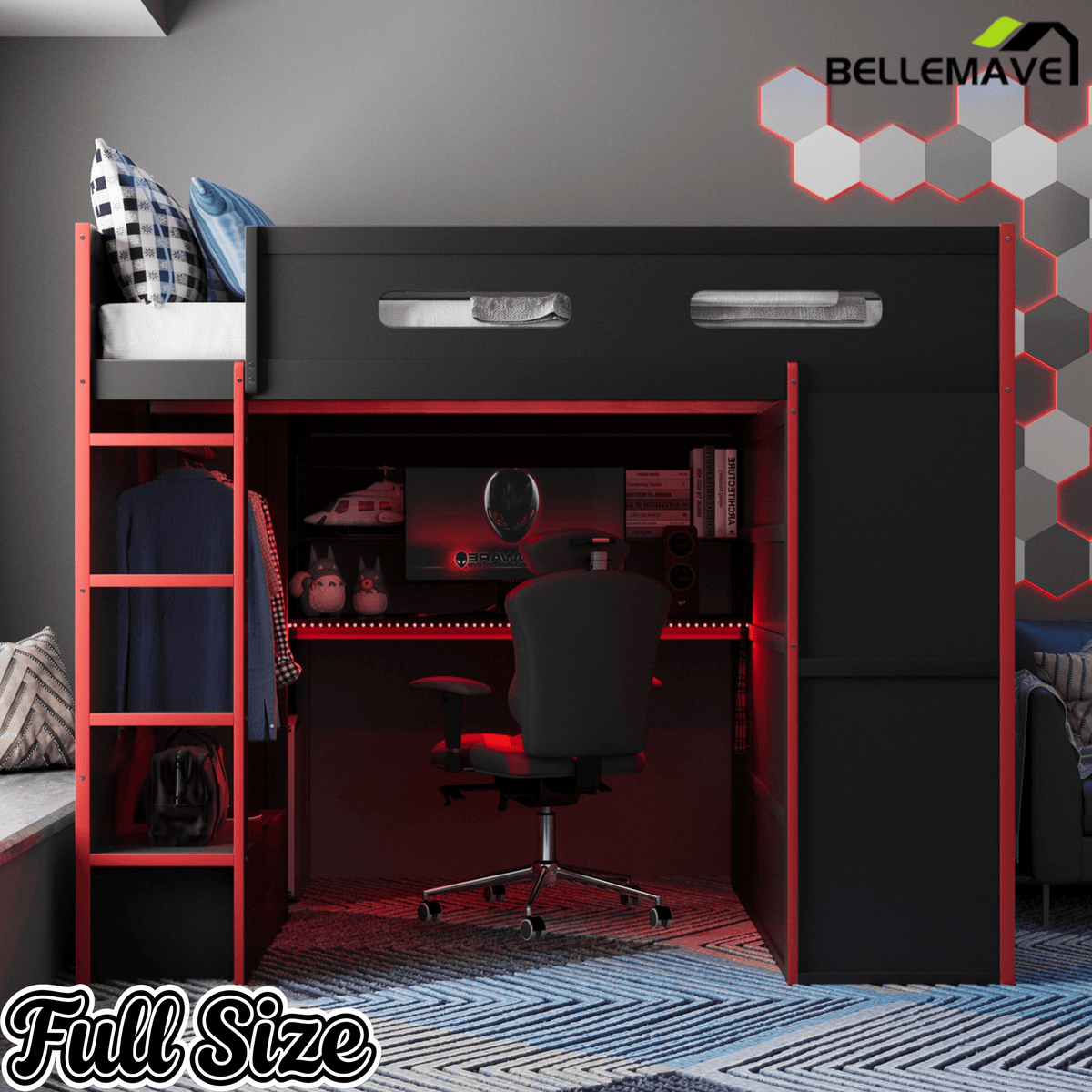 Bellemave® Full Size Gamer Loft Bed with Built - in Desk, RGB Lighting, USB Port & Storage, Gaming Bed with Wardrobe, Drawers - Bellemave