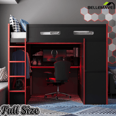 Bellemave® Full Size Gamer Loft Bed with Built - in Desk, RGB Lighting, USB Port & Storage, Gaming Bed with Wardrobe, Drawers - Bellemave