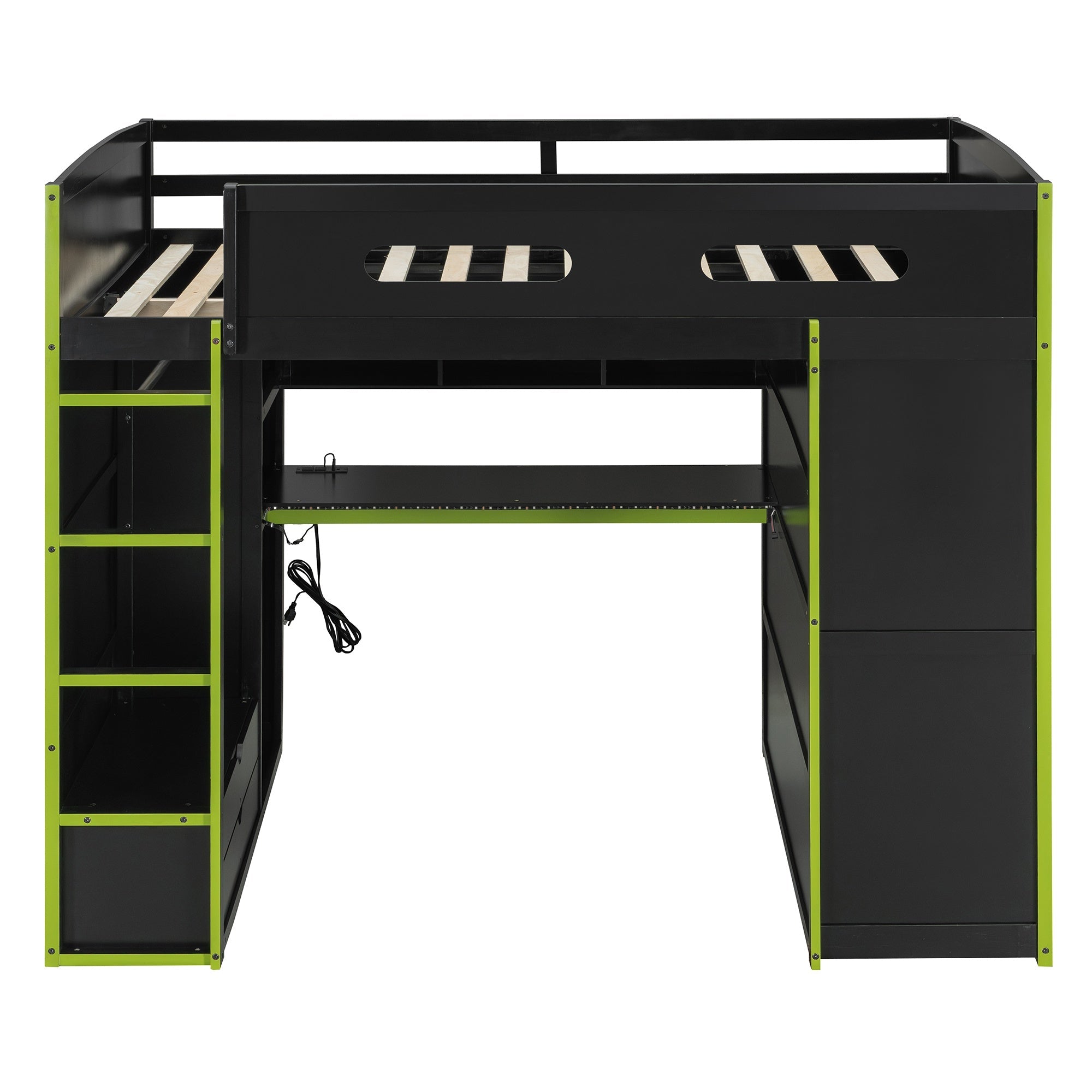 Bellemave® Full Size Gamer Loft Bed with Built - in Desk, RGB Lighting, USB Port & Storage, Gaming Bed with Wardrobe, Drawers - Bellemave