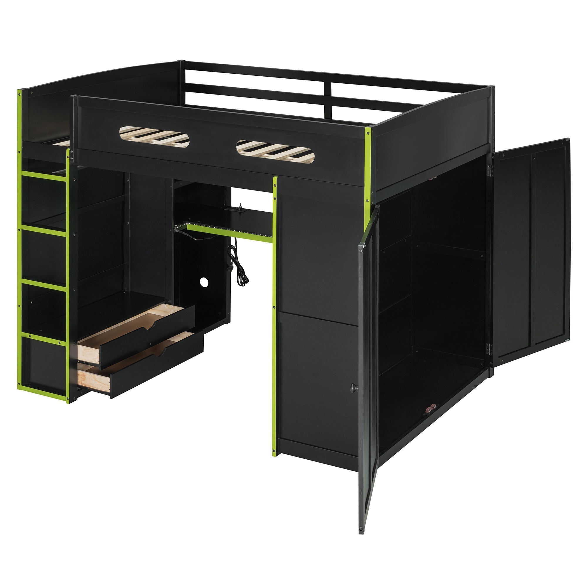 Bellemave® Full Size Gamer Loft Bed with Built - in Desk, RGB Lighting, USB Port & Storage, Gaming Bed with Wardrobe, Drawers - Bellemave