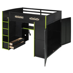 Bellemave® Full Size Gamer Loft Bed with Built - in Desk, RGB Lighting, USB Port & Storage, Gaming Bed with Wardrobe, Drawers - Bellemave