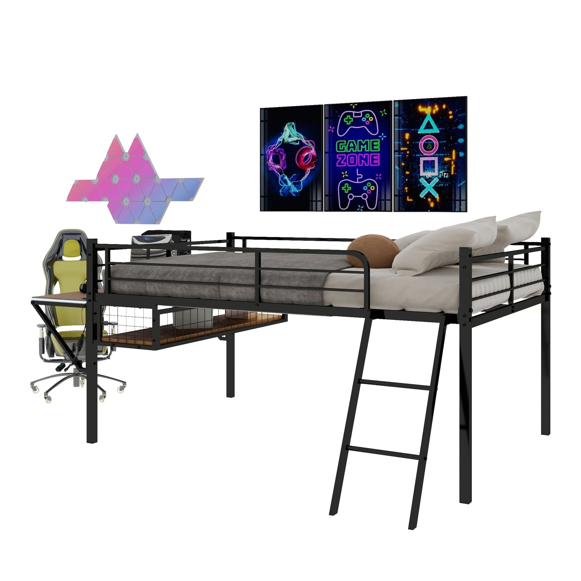 Bellemave® Full Size Gaming Loft Bed with Desk, LED, USB charging & Staircase, Metal Bed Frame with Vented Mesh Undercarriage Storage - Bellemave