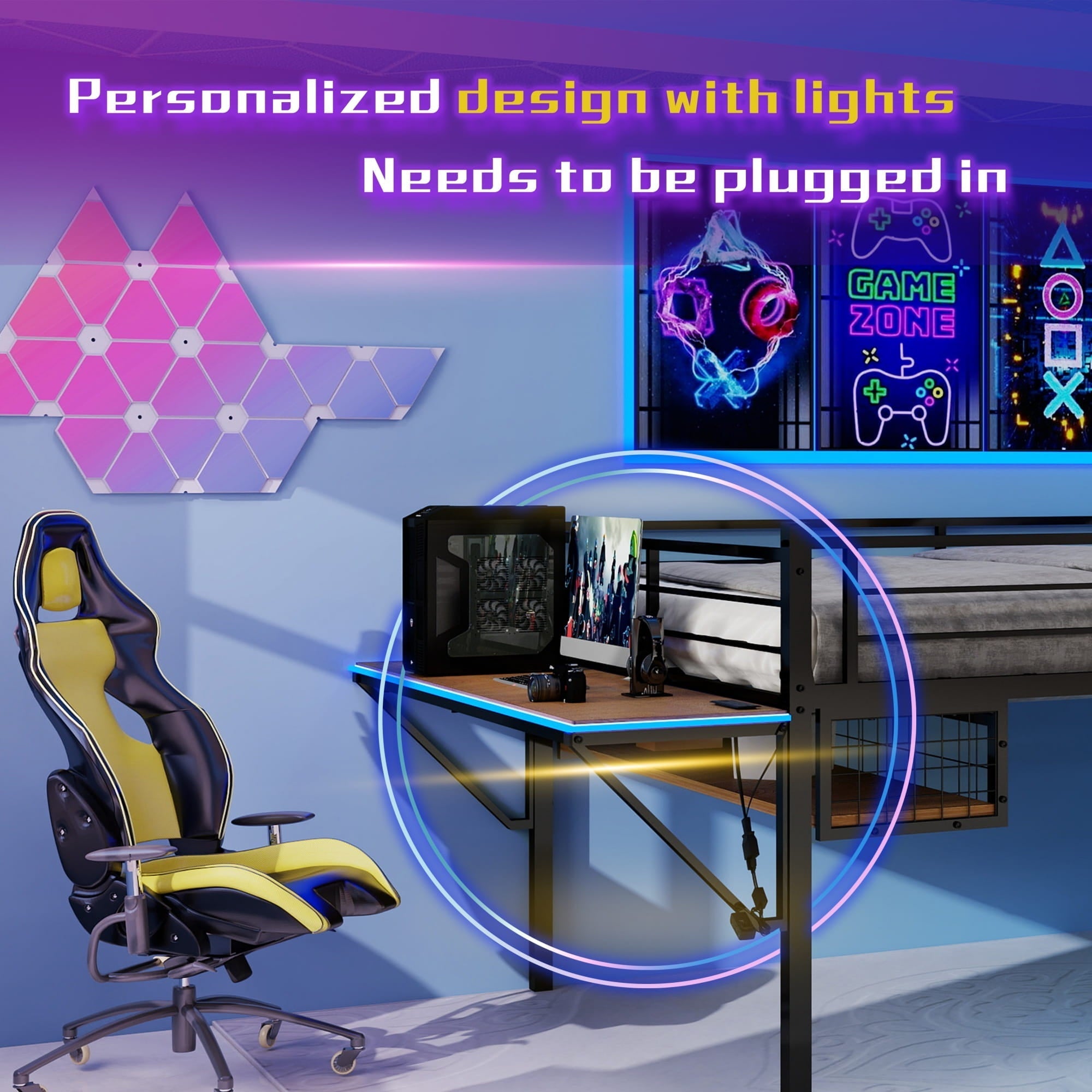 Bellemave® Full Size Gaming Loft Bed with Desk, LED, USB charging & Staircase, Metal Bed Frame with Vented Mesh Undercarriage Storage - Bellemave
