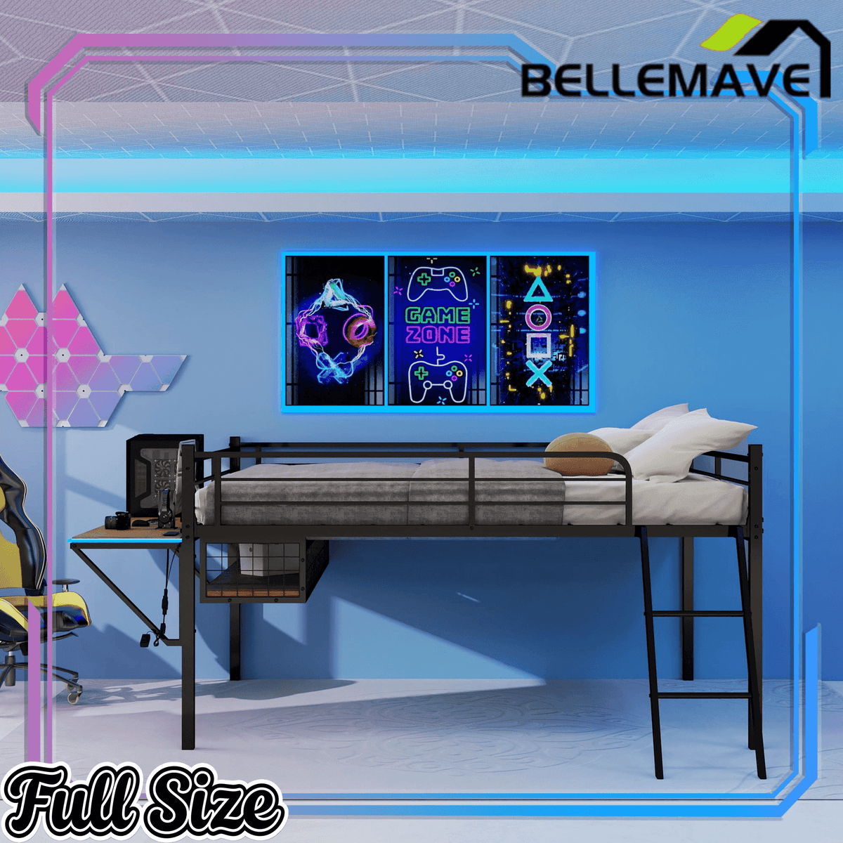 Bellemave® Full Size Gaming Loft Bed with Desk, LED, USB charging & Staircase, Metal Bed Frame with Vented Mesh Undercarriage Storage - Bellemave