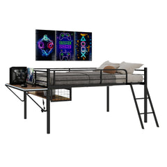 Bellemave® Full Size Gaming Loft Bed with Desk, LED, USB charging & Staircase, Metal Bed Frame with Vented Mesh Undercarriage Storage - Bellemave