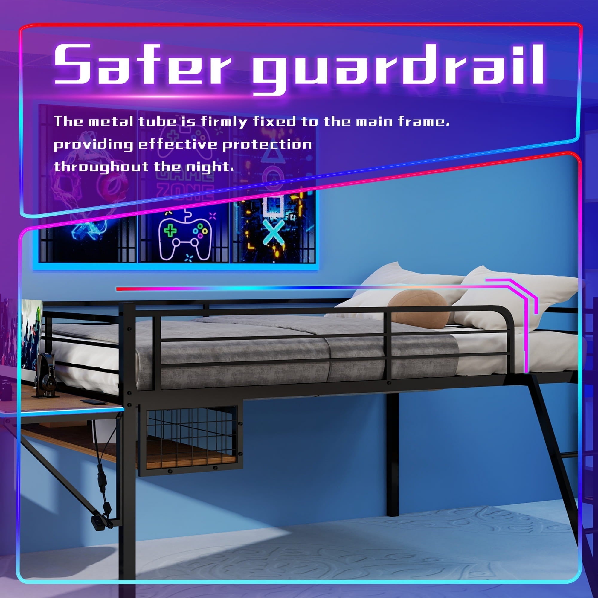 Bellemave® Full Size Gaming Loft Bed with Desk, LED, USB charging & Staircase, Metal Bed Frame with Vented Mesh Undercarriage Storage - Bellemave