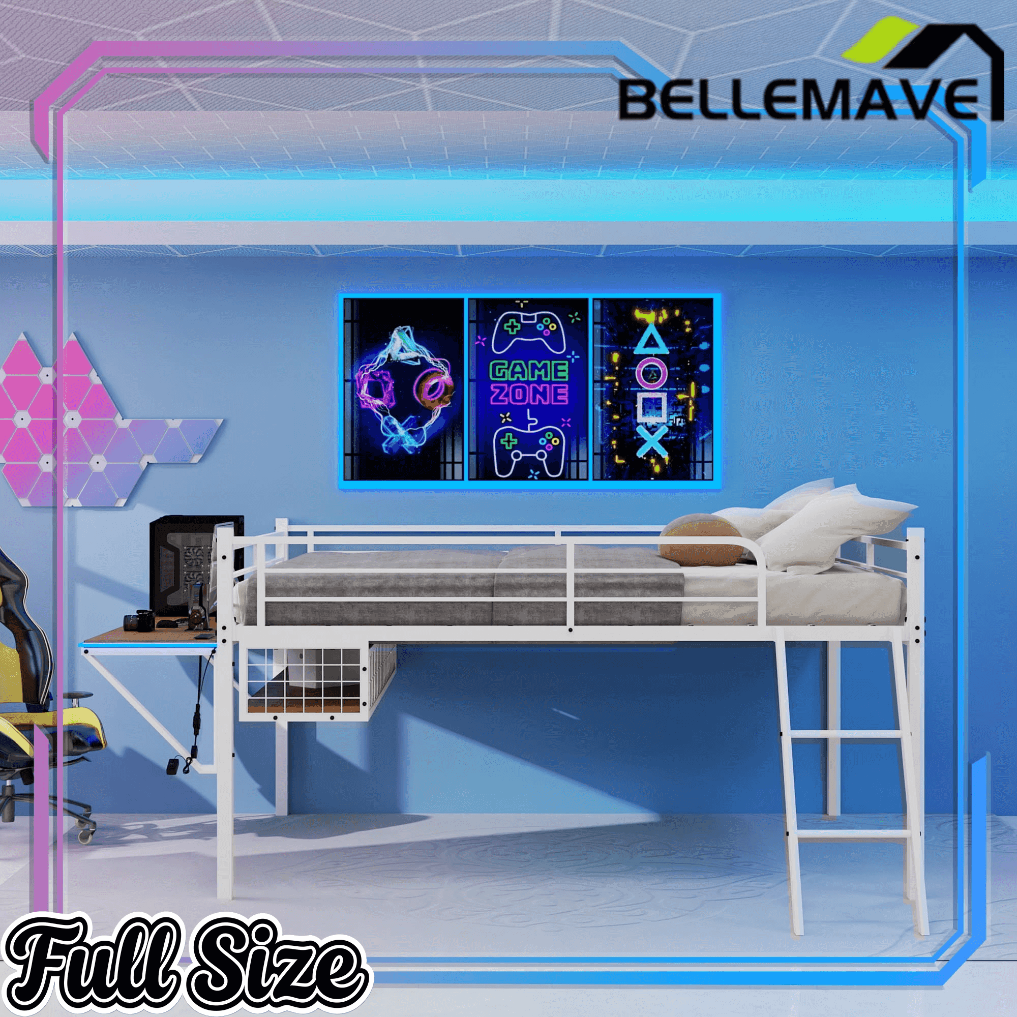 Bellemave® Full Size Gaming Loft Bed with Desk, LED, USB charging & Staircase, Metal Bed Frame with Vented Mesh Undercarriage Storage - Bellemave
