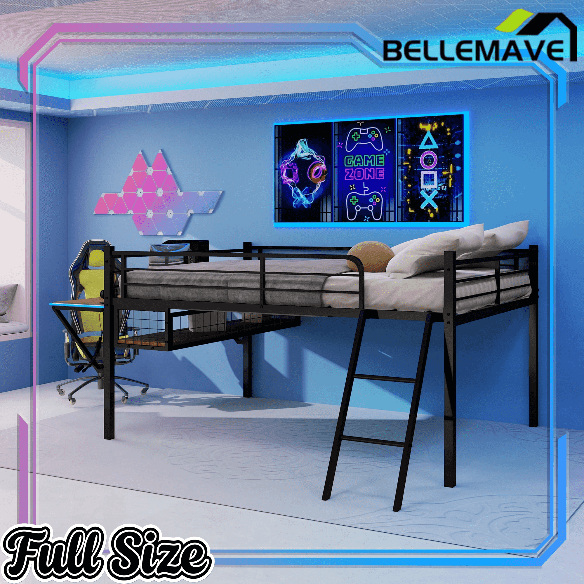 Bellemave® Full Size Gaming Loft Bed with Desk, LED, USB charging & Staircase, Metal Bed Frame with Vented Mesh Undercarriage Storage - Bellemave