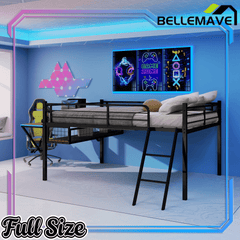 Bellemave® Full Size Gaming Loft Bed with Desk, LED, USB charging & Staircase, Metal Bed Frame with Vented Mesh Undercarriage Storage - Bellemave