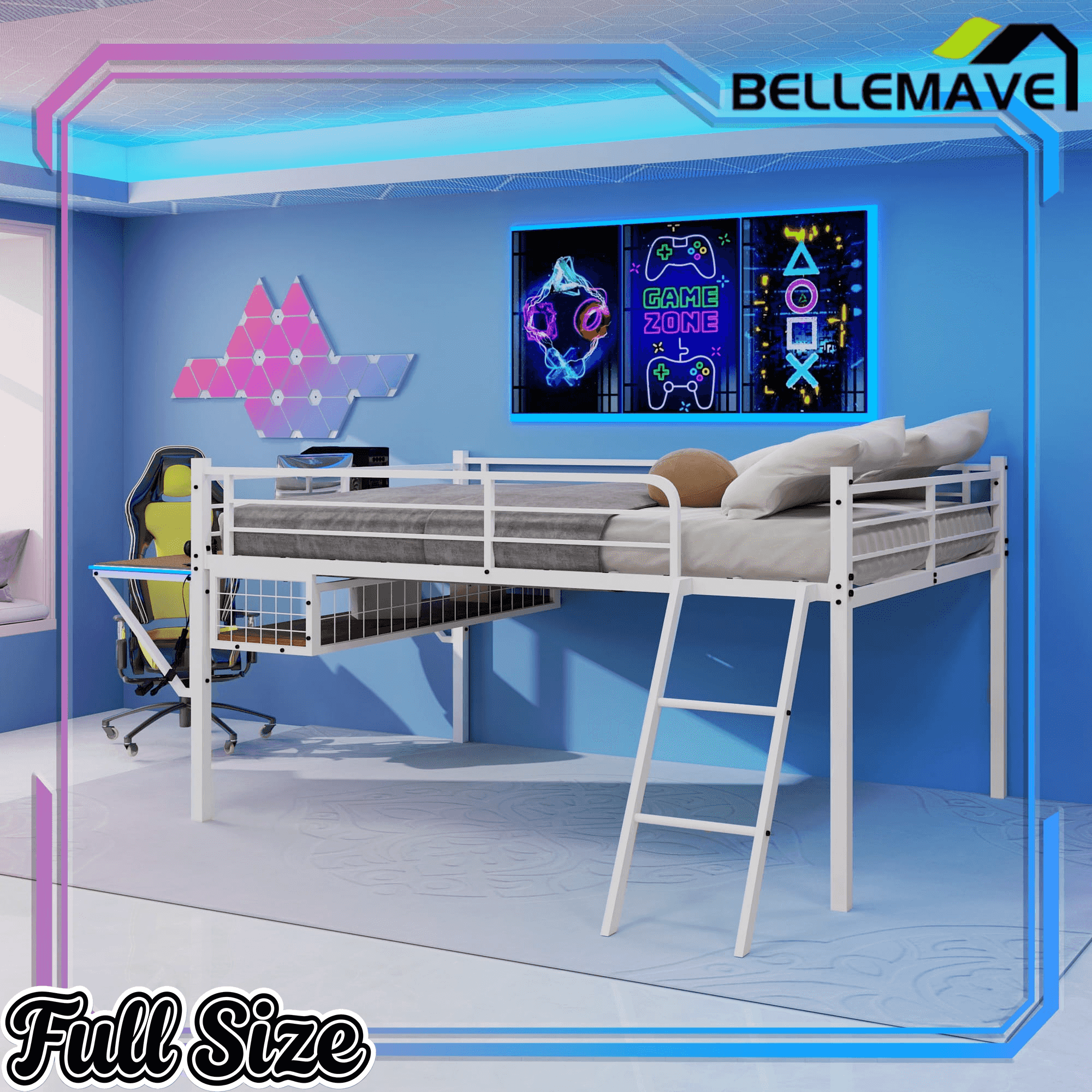 Bellemave® Full Size Gaming Loft Bed with Desk, LED, USB charging & Staircase, Metal Bed Frame with Vented Mesh Undercarriage Storage - Bellemave