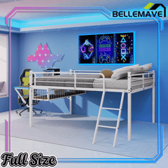 Bellemave® Full Size Gaming Loft Bed with Desk, LED, USB charging & Staircase, Metal Bed Frame with Vented Mesh Undercarriage Storage - Bellemave