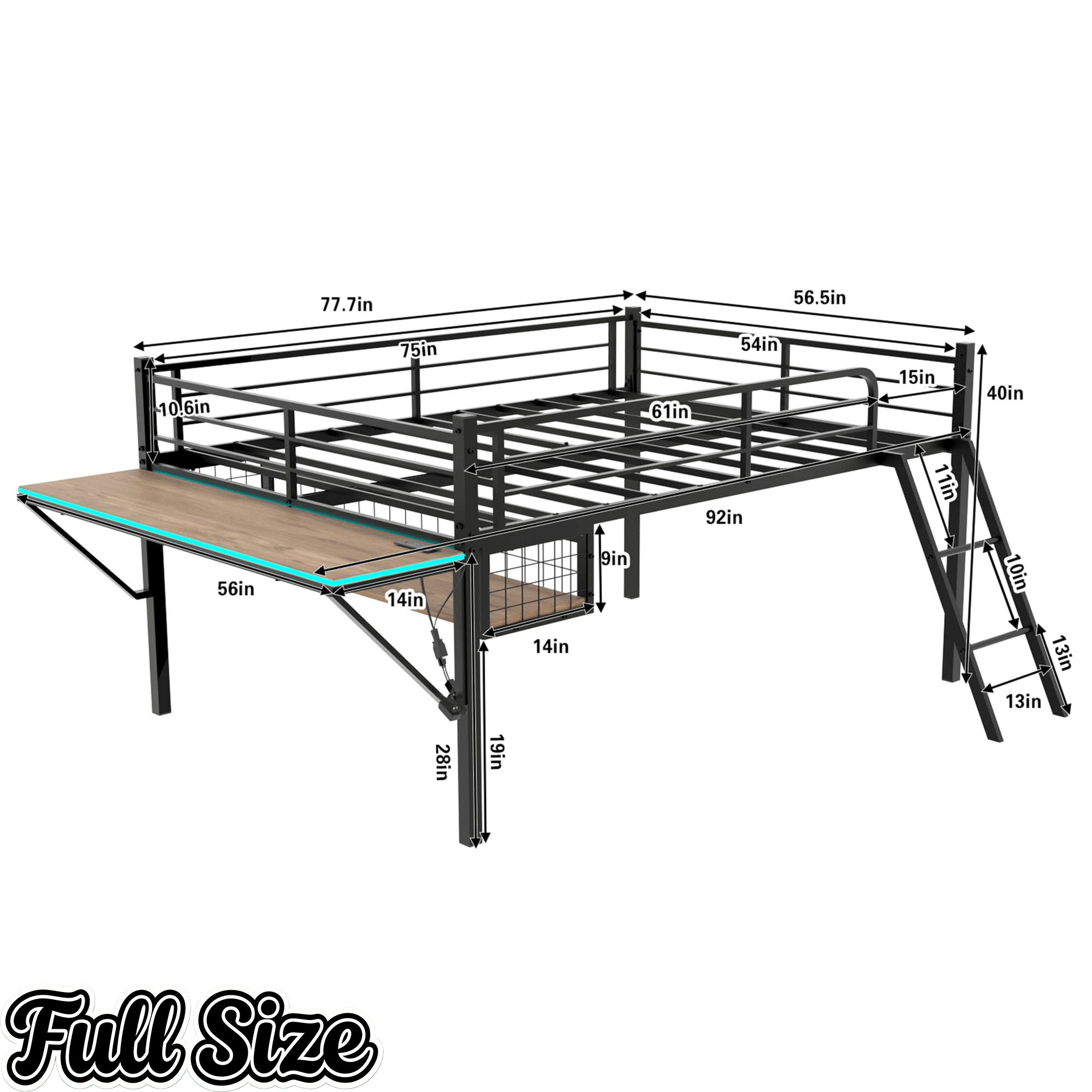 Bellemave® Full Size Gaming Loft Bed with Desk, LED, USB charging & Staircase, Metal Bed Frame with Vented Mesh Undercarriage Storage - Bellemave