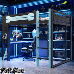 Bellemave® Full Size Gaming Loft Bed with Desk & Multi - Storage Shelves, Wooden Loft Bed Frame with Safety Guardrail, Built - in Light Strip for Teens - Bellemave