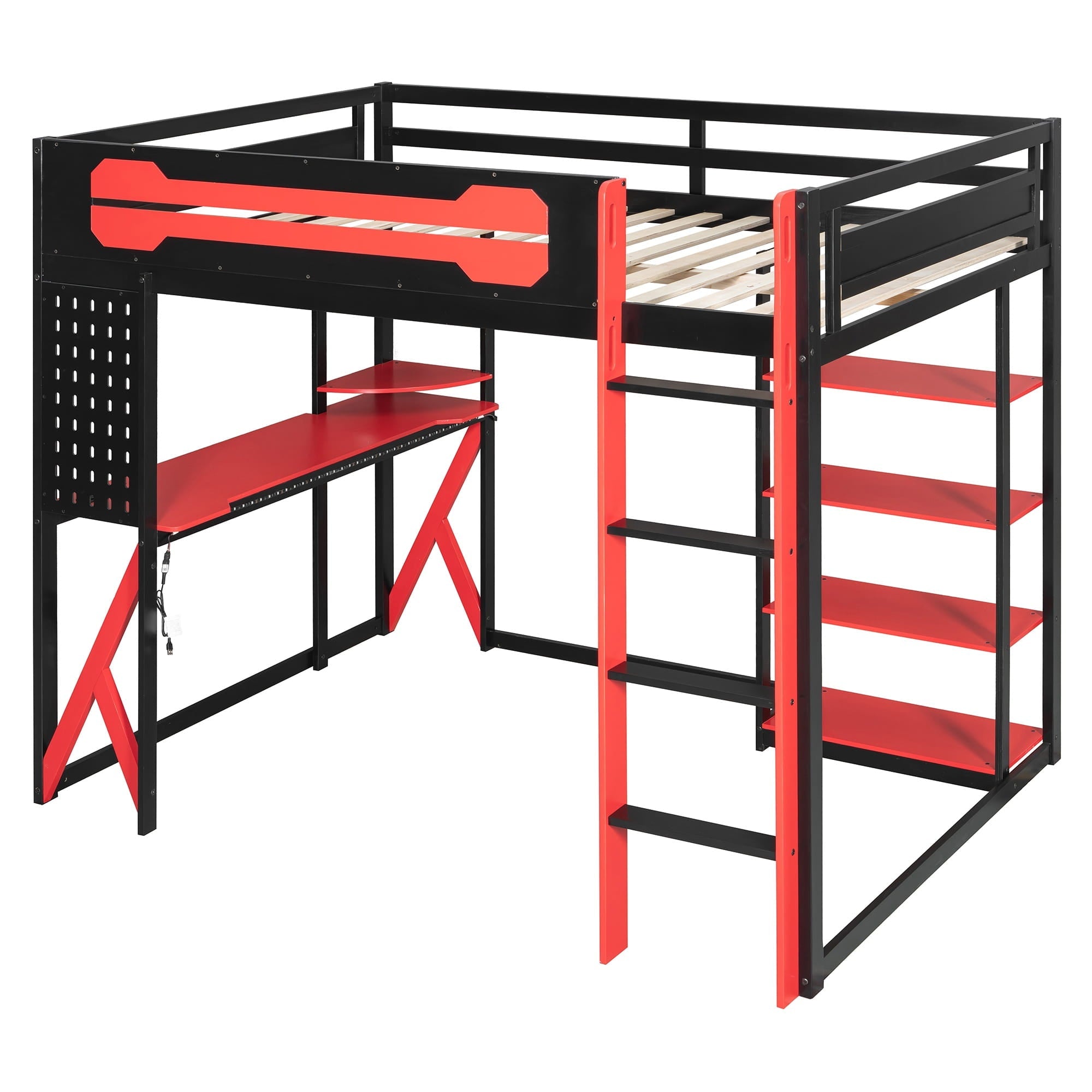 Bellemave® Full Size Gaming Loft Bed with Desk & Multi - Storage Shelves, Wooden Loft Bed Frame with Safety Guardrail, Built - in Light Strip for Teens - Bellemave