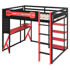 Bellemave® Full Size Gaming Loft Bed with Desk & Multi - Storage Shelves, Wooden Loft Bed Frame with Safety Guardrail, Built - in Light Strip for Teens - Bellemave