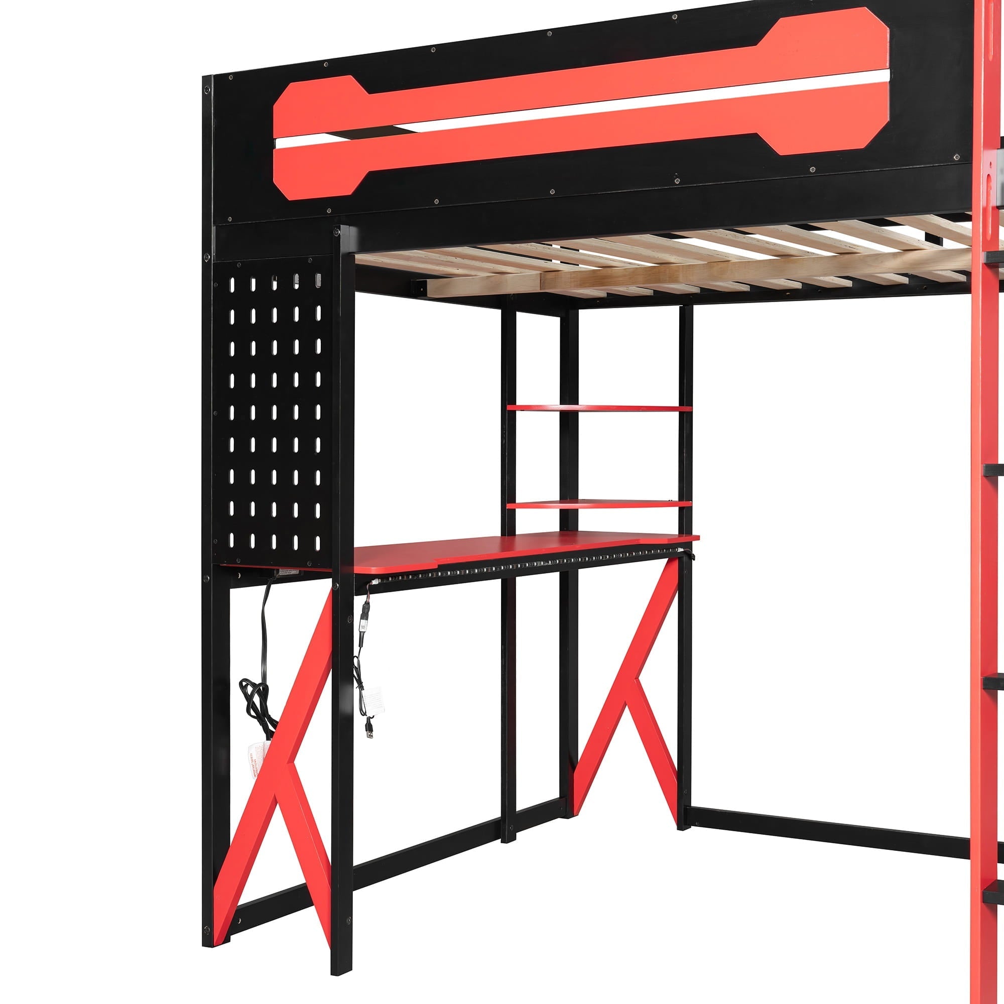 Bellemave® Full Size Gaming Loft Bed with Desk & Multi - Storage Shelves, Wooden Loft Bed Frame with Safety Guardrail, Built - in Light Strip for Teens - Bellemave