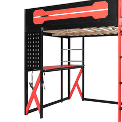 Bellemave® Full Size Gaming Loft Bed with Desk & Multi - Storage Shelves, Wooden Loft Bed Frame with Safety Guardrail, Built - in Light Strip for Teens - Bellemave
