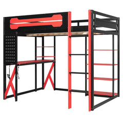 Bellemave® Full Size Gaming Loft Bed with Desk & Multi - Storage Shelves, Wooden Loft Bed Frame with Safety Guardrail, Built - in Light Strip for Teens - Bellemave