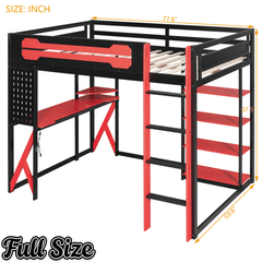 Bellemave® Full Size Gaming Loft Bed with Desk & Multi - Storage Shelves, Wooden Loft Bed Frame with Safety Guardrail, Built - in Light Strip for Teens - Bellemave