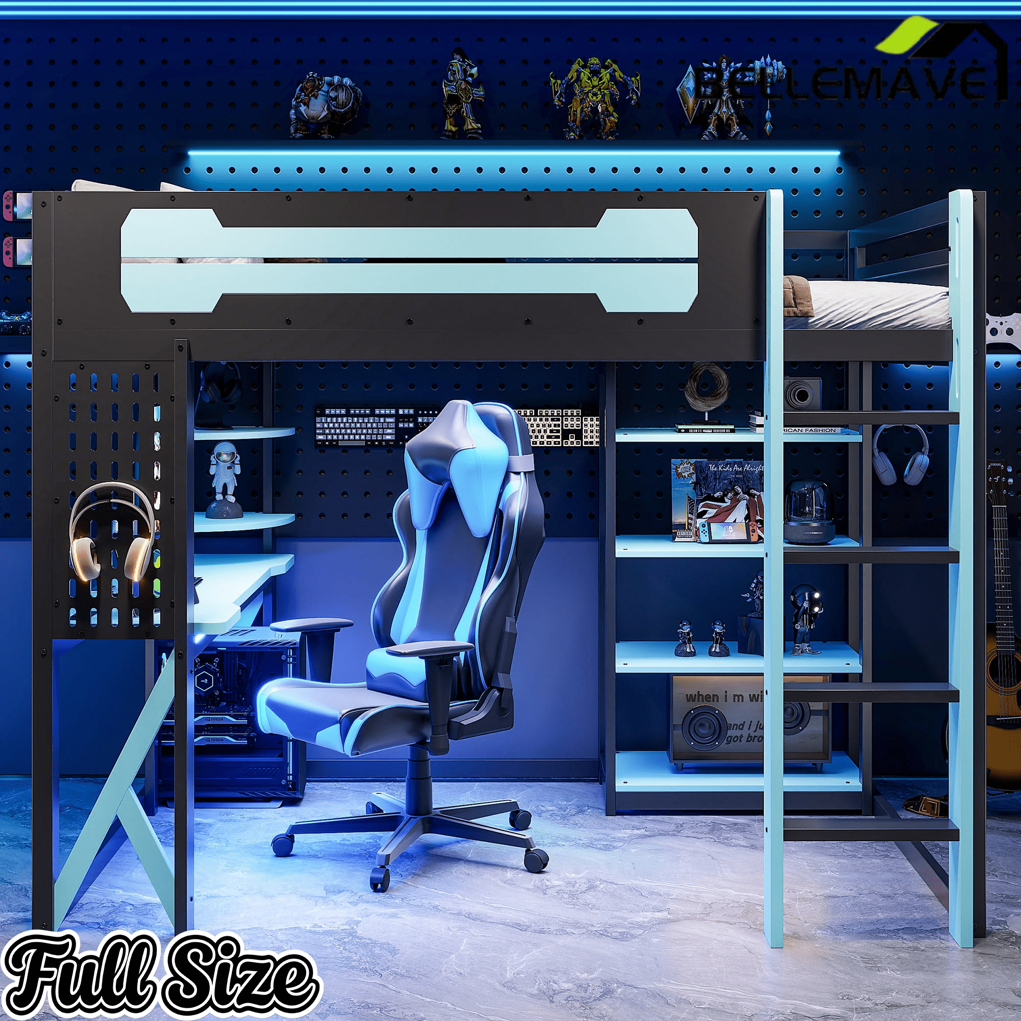 Bellemave® Full Size Gaming Loft Bed with Desk & Multi - Storage Shelves, Wooden Loft Bed Frame with Safety Guardrail, Built - in Light Strip for Teens - Bellemave