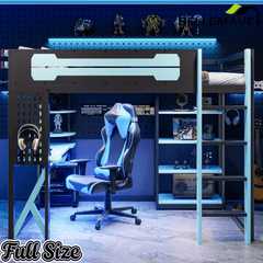 Bellemave® Full Size Gaming Loft Bed with Desk & Multi - Storage Shelves, Wooden Loft Bed Frame with Safety Guardrail, Built - in Light Strip for Teens - Bellemave