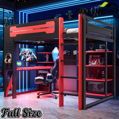 Bellemave® Full Size Gaming Loft Bed with Desk & Multi - Storage Shelves, Wooden Loft Bed Frame with Safety Guardrail, Built - in Light Strip for Teens - Bellemave