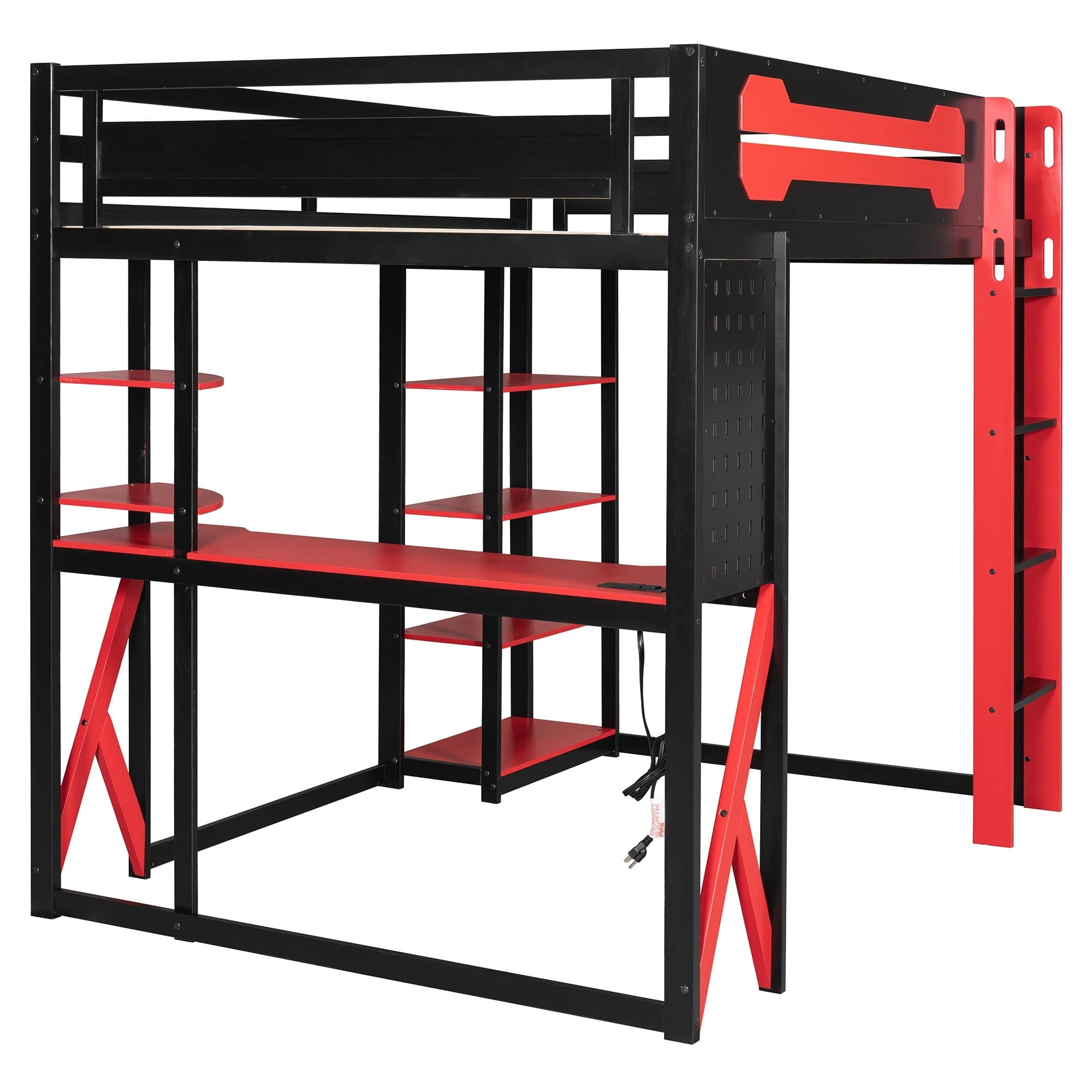 Bellemave® Full Size Gaming Loft Bed with Desk & Multi - Storage Shelves, Wooden Loft Bed Frame with Safety Guardrail, Built - in Light Strip for Teens - Bellemave