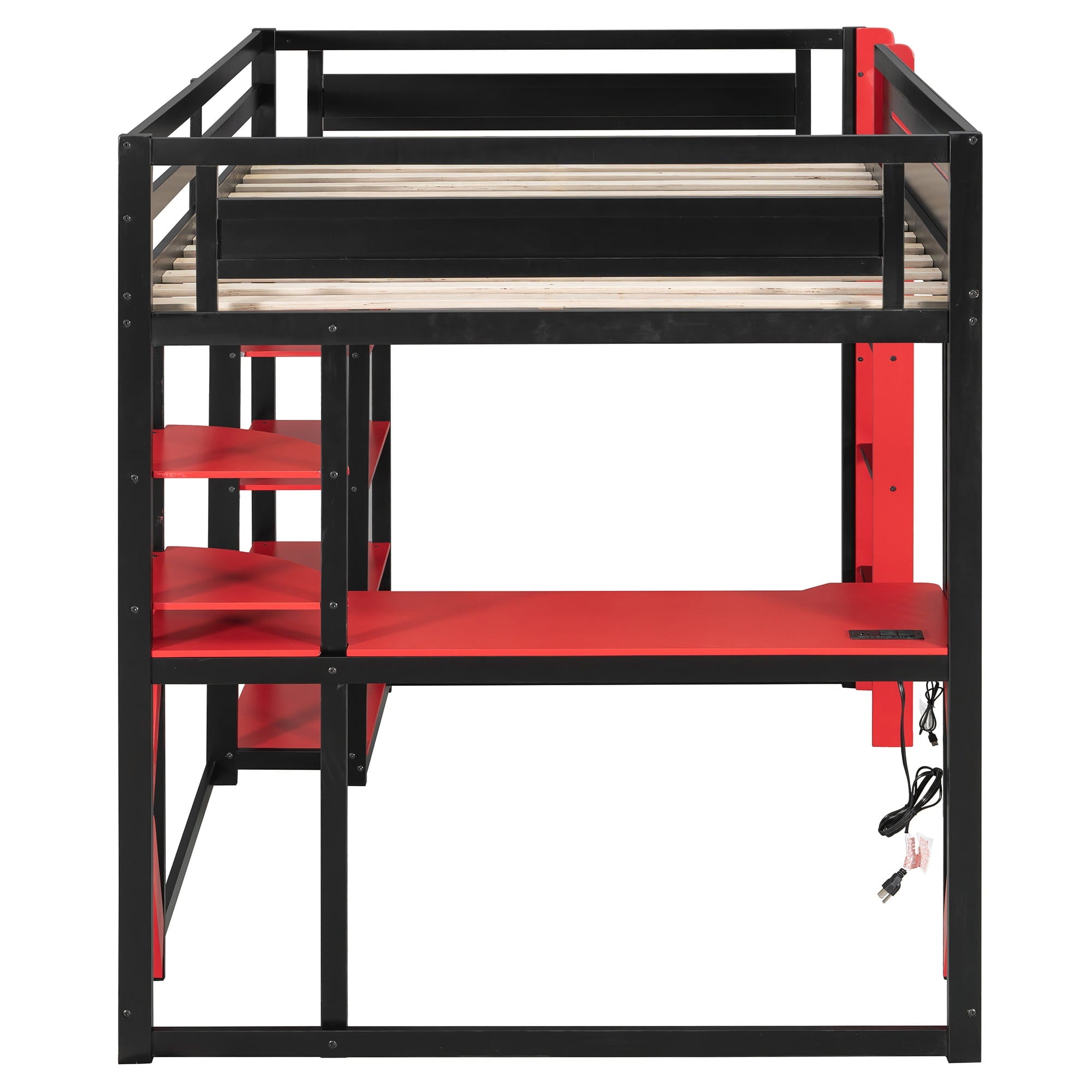 Bellemave® Full Size Gaming Loft Bed with Desk & Multi - Storage Shelves, Wooden Loft Bed Frame with Safety Guardrail, Built - in Light Strip for Teens - Bellemave