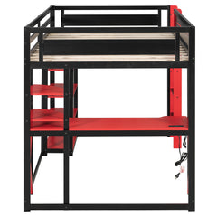 Bellemave® Full Size Gaming Loft Bed with Desk & Multi - Storage Shelves, Wooden Loft Bed Frame with Safety Guardrail, Built - in Light Strip for Teens - Bellemave