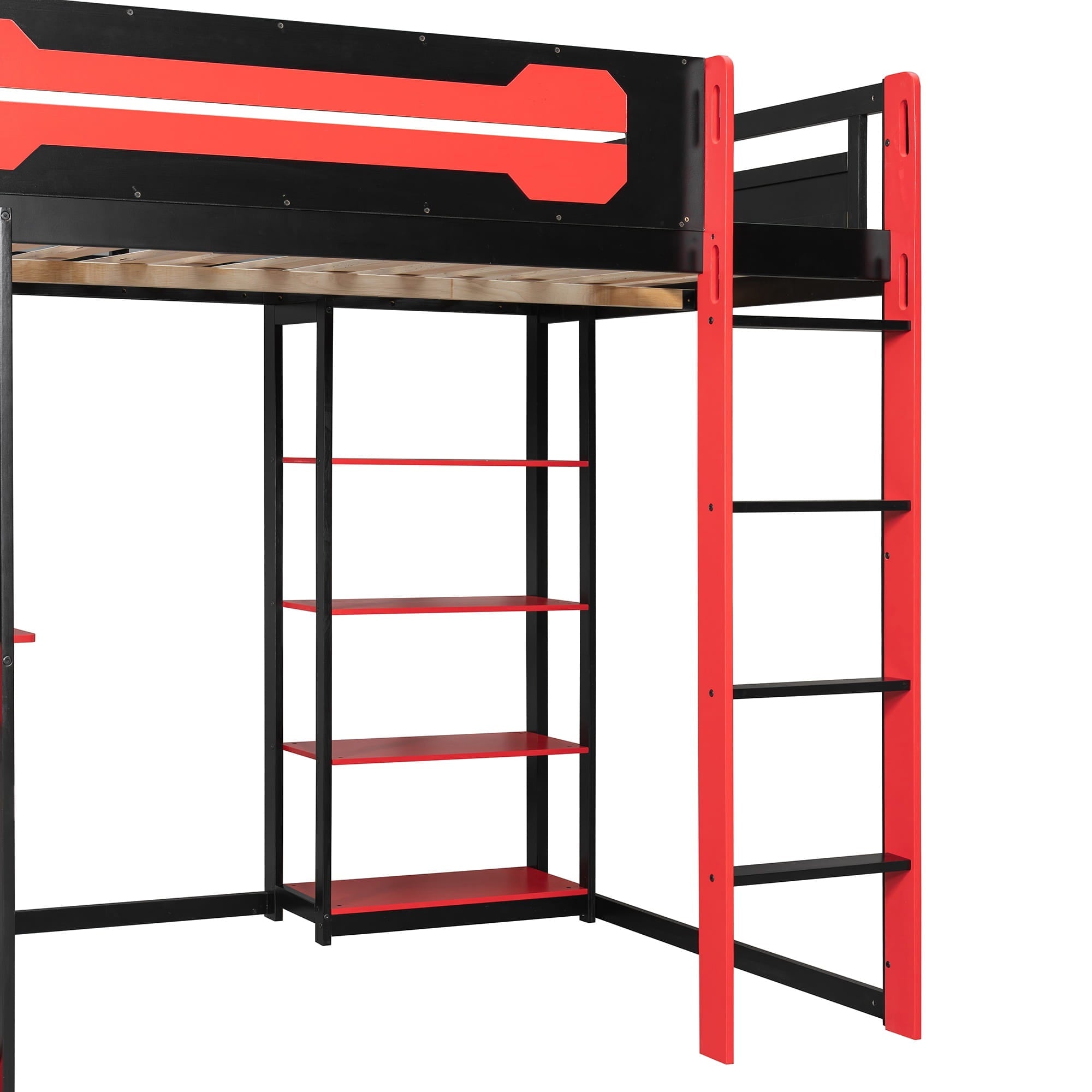 Bellemave® Full Size Gaming Loft Bed with Desk & Multi - Storage Shelves, Wooden Loft Bed Frame with Safety Guardrail, Built - in Light Strip for Teens - Bellemave