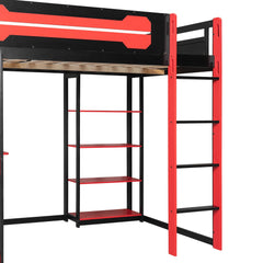 Bellemave® Full Size Gaming Loft Bed with Desk & Multi - Storage Shelves, Wooden Loft Bed Frame with Safety Guardrail, Built - in Light Strip for Teens - Bellemave