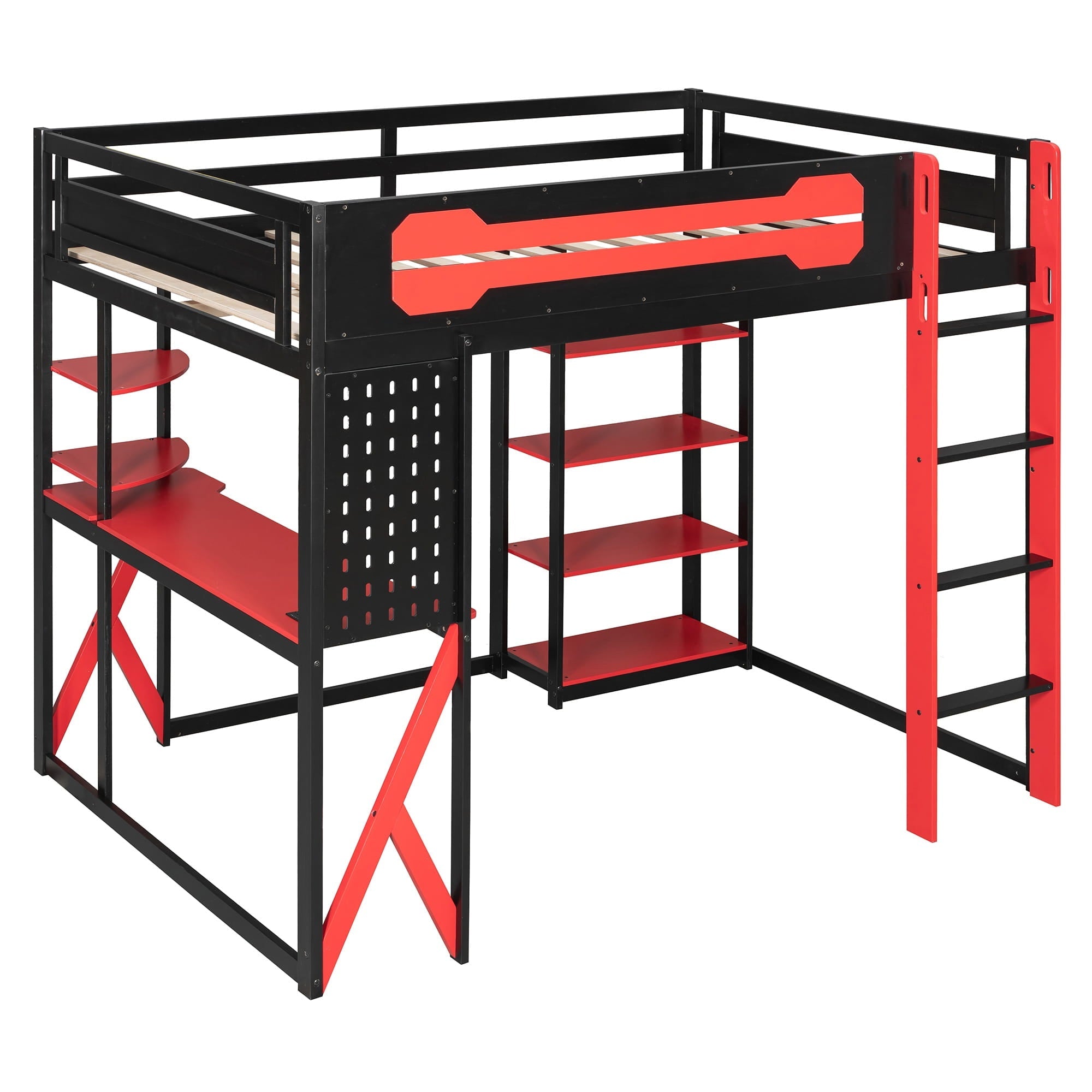 Bellemave® Full Size Gaming Loft Bed with Desk & Multi - Storage Shelves, Wooden Loft Bed Frame with Safety Guardrail, Built - in Light Strip for Teens - Bellemave