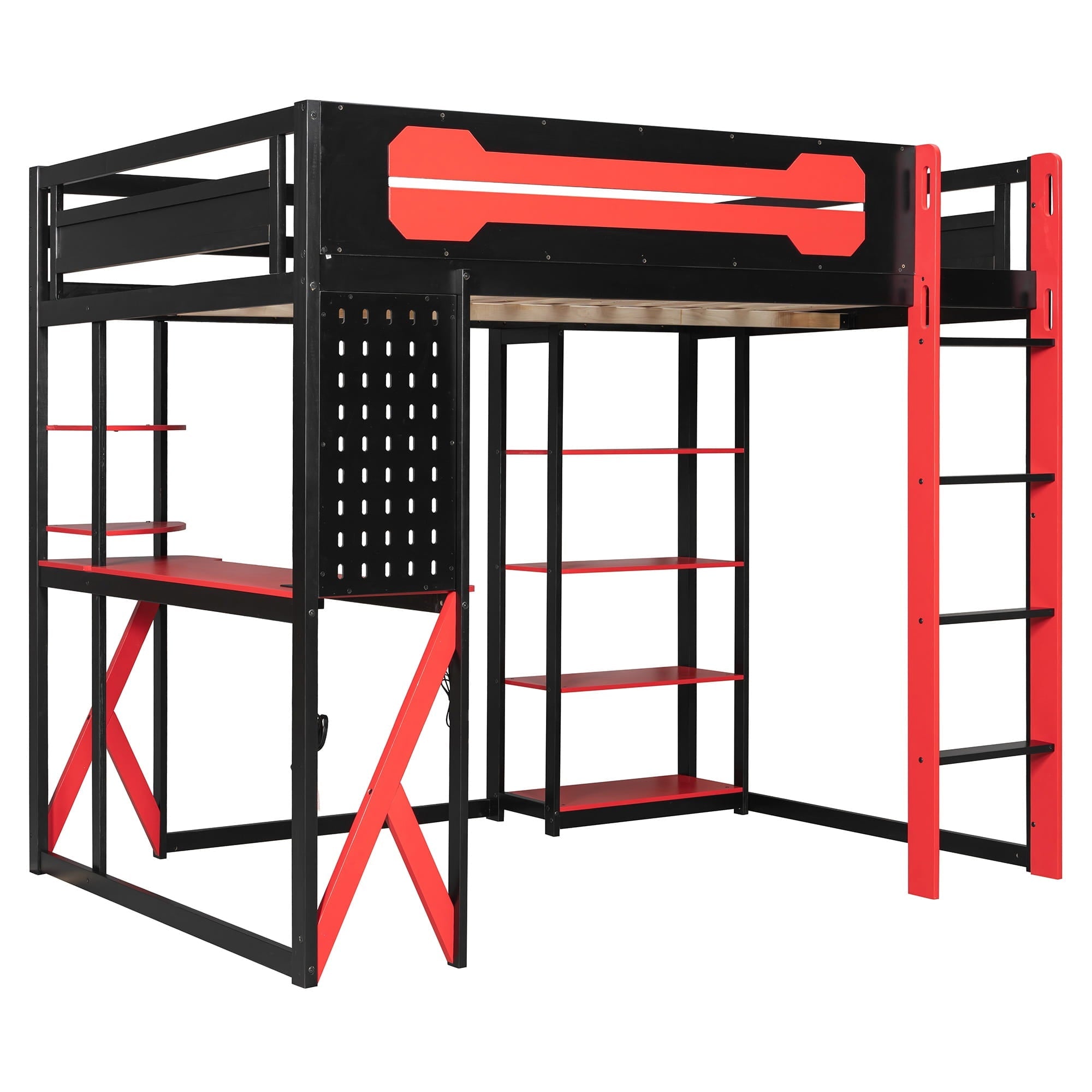 Bellemave® Full Size Gaming Loft Bed with Desk & Multi - Storage Shelves, Wooden Loft Bed Frame with Safety Guardrail, Built - in Light Strip for Teens - Bellemave