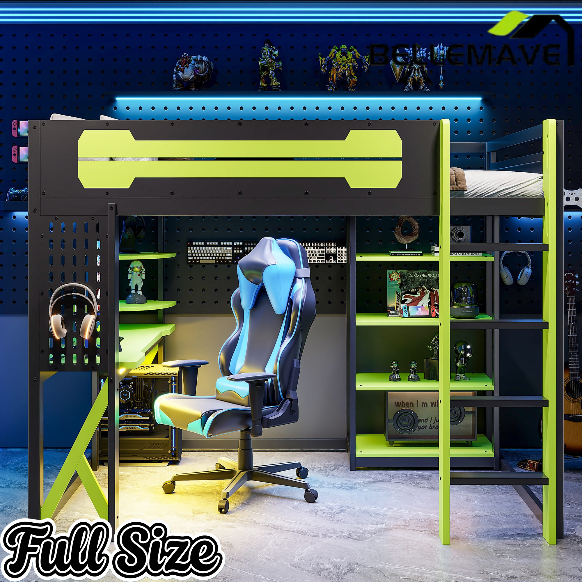 Bellemave® Full Size Gaming Loft Bed with Desk & Multi - Storage Shelves, Wooden Loft Bed Frame with Safety Guardrail, Built - in Light Strip for Teens - Bellemave