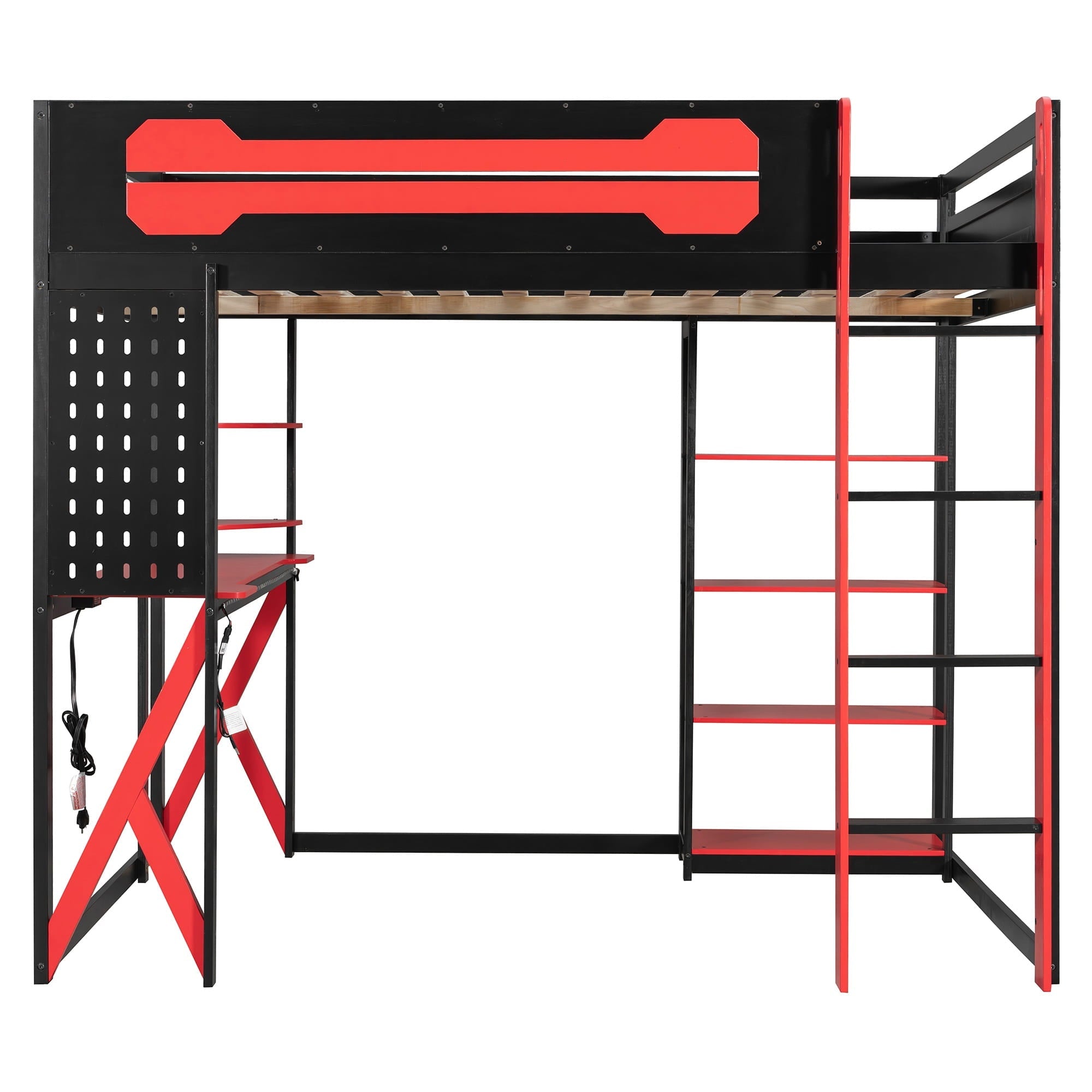 Bellemave® Full Size Gaming Loft Bed with Desk & Multi - Storage Shelves, Wooden Loft Bed Frame with Safety Guardrail, Built - in Light Strip for Teens - Bellemave