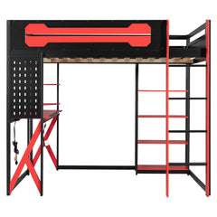 Bellemave® Full Size Gaming Loft Bed with Desk & Multi - Storage Shelves, Wooden Loft Bed Frame with Safety Guardrail, Built - in Light Strip for Teens - Bellemave