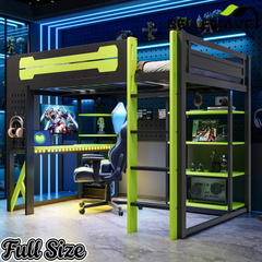 Bellemave® Full Size Gaming Loft Bed with Desk & Multi - Storage Shelves, Wooden Loft Bed Frame with Safety Guardrail, Built - in Light Strip for Teens - Bellemave