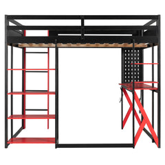 Bellemave® Full Size Gaming Loft Bed with Desk & Multi - Storage Shelves, Wooden Loft Bed Frame with Safety Guardrail, Built - in Light Strip for Teens - Bellemave