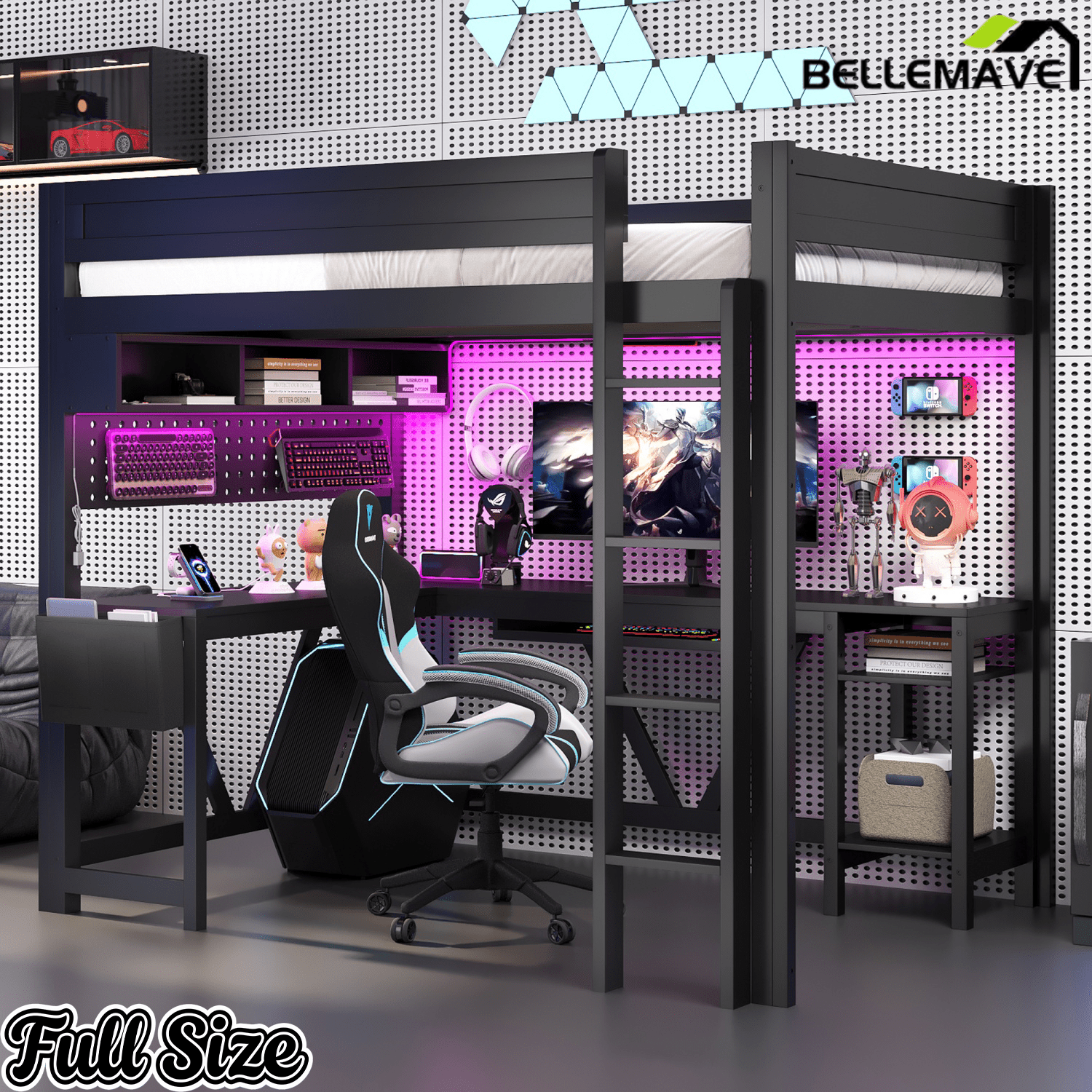 Bellemave® Full Size Gaming Loft Bed with Desk, Storage Shelves, Multifunctional Wood Loft Bed Frame with Light Strip and Charging Station - Bellemave
