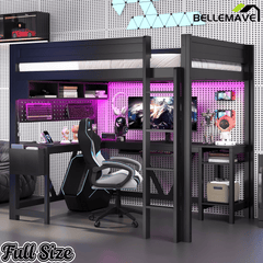 Bellemave® Full Size Gaming Loft Bed with Desk, Storage Shelves, Multifunctional Wood Loft Bed Frame with Light Strip and Charging Station - Bellemave
