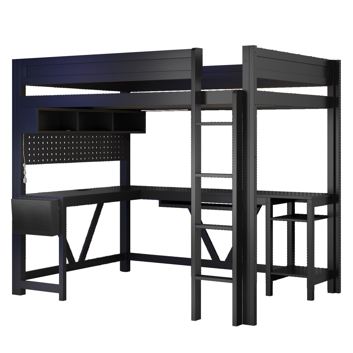 Bellemave® Full Size Gaming Loft Bed with Desk, Storage Shelves, Multifunctional Wood Loft Bed Frame with Light Strip and Charging Station - Bellemave