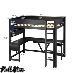 Bellemave® Full Size Gaming Loft Bed with Desk, Storage Shelves, Multifunctional Wood Loft Bed Frame with Light Strip and Charging Station - Bellemave