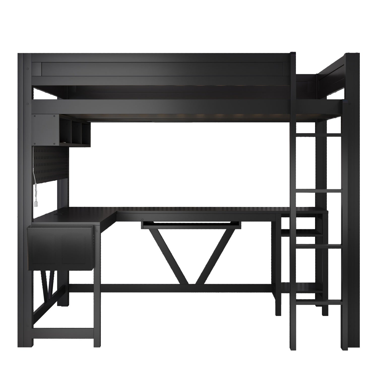 Bellemave® Full Size Gaming Loft Bed with Desk, Storage Shelves, Multifunctional Wood Loft Bed Frame with Light Strip and Charging Station - Bellemave