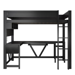 Bellemave® Full Size Gaming Loft Bed with Desk, Storage Shelves, Multifunctional Wood Loft Bed Frame with Light Strip and Charging Station - Bellemave