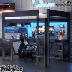 Bellemave® Full Size Gaming Loft Bed with Desk, Storage Shelves, Multifunctional Wood Loft Bed Frame with Light Strip and Charging Station - Bellemave