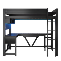 Bellemave® Full Size Gaming Loft Bed with Desk, Storage Shelves, Multifunctional Wood Loft Bed Frame with Light Strip and Charging Station - Bellemave