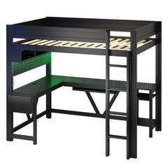 Bellemave® Full Size Gaming Loft Bed with Desk, Storage Shelves, Multifunctional Wood Loft Bed Frame with Light Strip and Charging Station - Bellemave